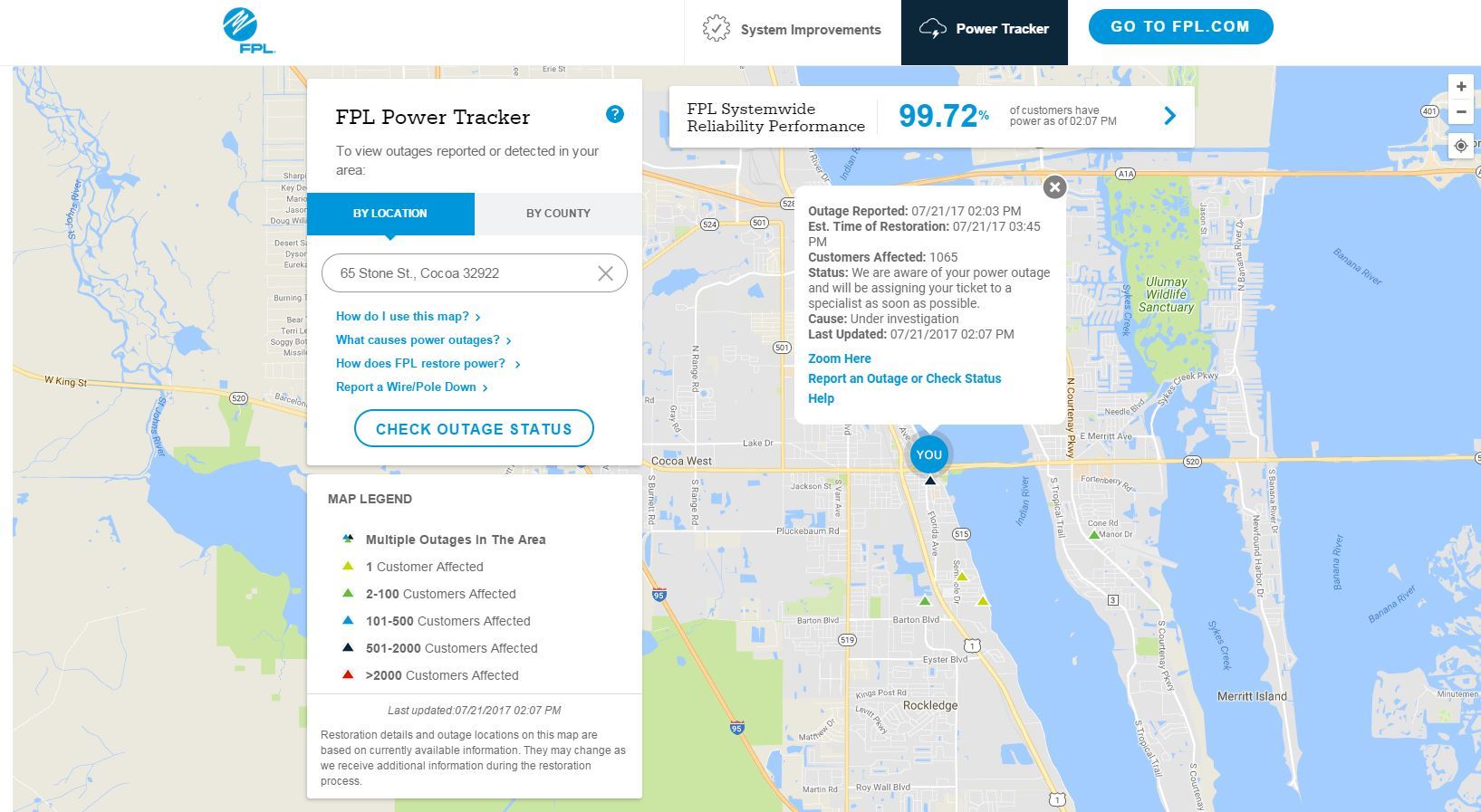Screen shot of the FPL Power Tracker map that is available on their website to track current outages